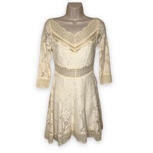 Free People Lacey Affair in Tea Dress Women Size Small Crochet Boho Mini Cream